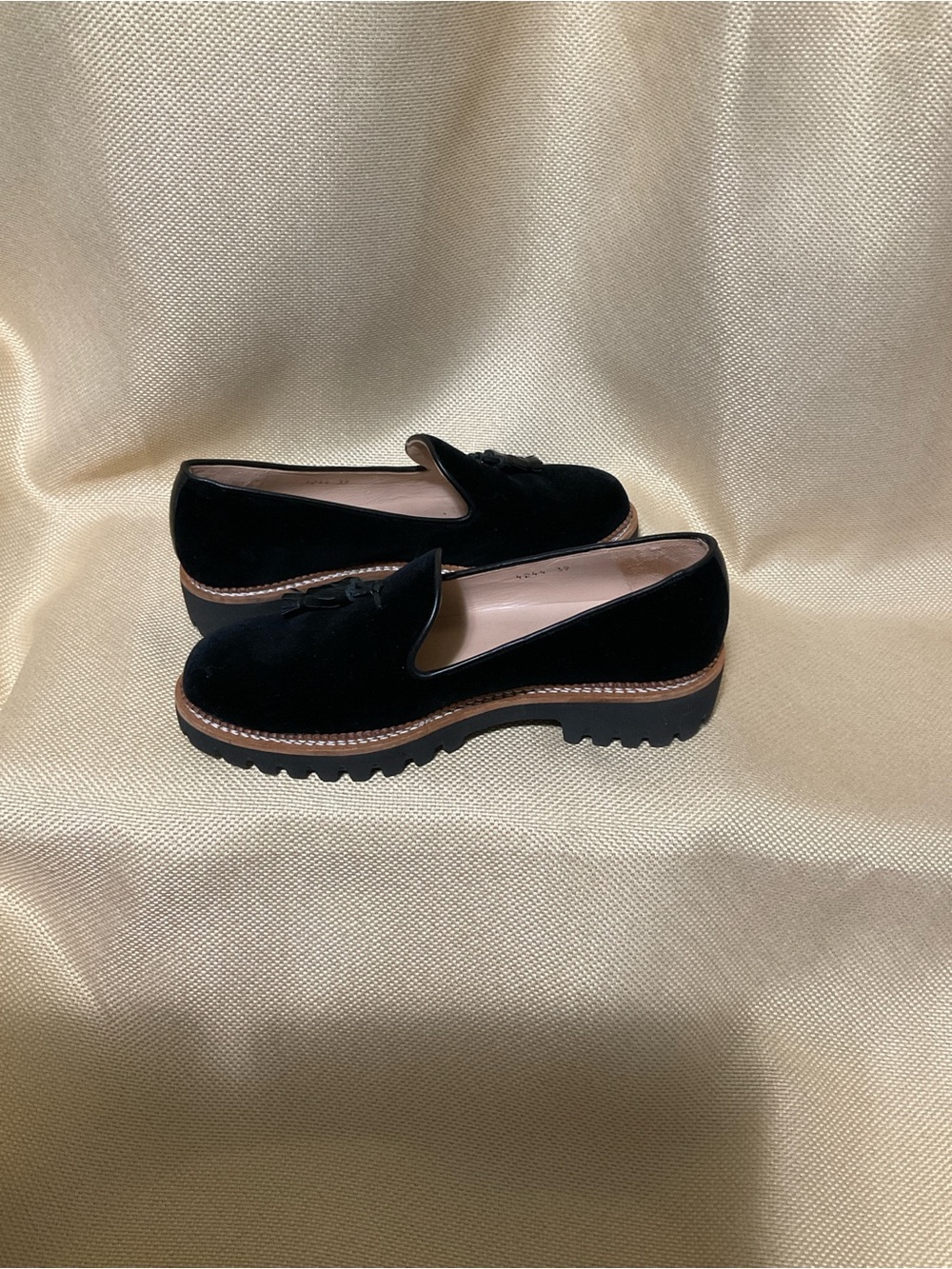 Black Velvet Tassel Loafers with Lug Sole - Women's Flats